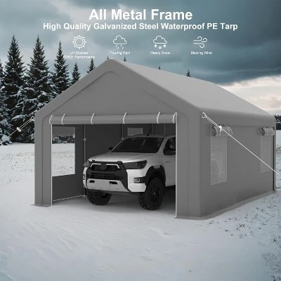 Carport, Portable Garage 13x20FT Heavy Duty - Galvanized Frame, 180g PE Waterproof Canopy With 4 Doors (2 Side Doors) & 4 Windows For Truck, Boat 5 Carport, Portable Garage 13x20FT Heavy Duty - Galvanized Frame, 180g PE Waterproof Canopy With 4 Doors (2 Side Doors) & 4 Windows For Truck, Boat - Image 3