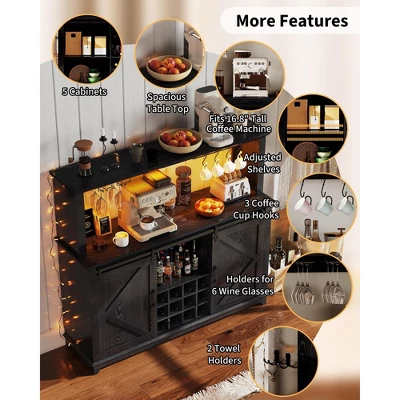 Coffee Bar Cabinet 55", Large Kitchen Hutch,Built-in Power Outlet, Tall Buffet Cabinet With Barn Sliding Door, Wine Glass Rack & Ample Storage 6 Coffee Bar Cabinet 55", Large Kitchen Hutch,Built-in Power Outlet, Tall Buffet Cabinet With Barn Sliding Door, Wine Glass Rack & Ample Storage - Image 4