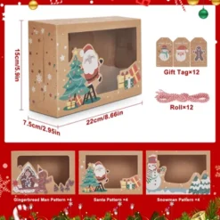 Christmas Cookie Boxes - 12 Pcs With Window, Reindeer Santa Design, Ribbons & Gift Tags For Pastries, Cupcakes, Christmas Parties (Style 3)