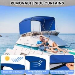 3/4 Bow Bimini Tops With Mesh Sidewalls, Boat Canopy With Support Poles, Marine Grade Pu Coating Canvas, 2 Straps, 2 Rear Support Poles, Zippered Boot