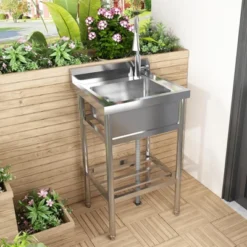 TROPOW Silver Stainless Steel Utility Sink – Freestanding Single Bowl With Pull-Out Faucet For Kitchen/Laundry/Garage -Furniture GUEST 08bbb242 0251 42b8 8481 1dc0a59e0e10