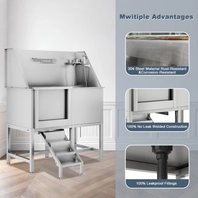 Pet Bath Tub - 50'' Professional Stainless Steel With Retractable Stairs, Faucet/Showerhead, Washing Gloves, For Large/Medium/Small Pets 7 Pet Bath Tub - 50'' Professional Stainless Steel With Retractable Stairs, Faucet/Showerhead, Washing Gloves, For Large/Medium/Small Pets - Image 5