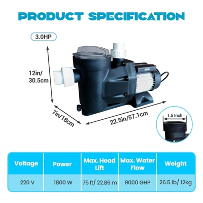 3.0 HP Swimming Pool Pump Above Ground/Inground, 220V, 9000 GPH High-Flow, 1100W High-Efficiency Swimming Pool Pump 3 3.0 HP Swimming Pool Pump Above Ground/Inground, 220V, 9000 GPH High-Flow, 1100W High-Efficiency Swimming Pool Pump
