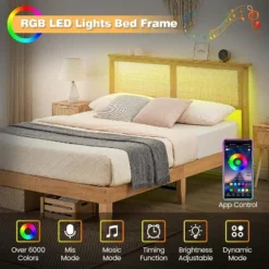 Bed Frame With Natural Rattan Headboard, Platform Queen Bed Frame With Lights, Mattress Foundation, Noise-Free -Furniture GUEST 0a2ed2a2 ee3d 4253 bbd7 631526bbdaa7