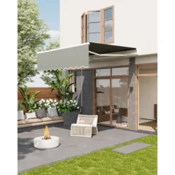 Manual Retractable Awning, Waterproof Sun Shade Patio Awning, Heavy Duty Aluminum Frame, 280g Polyester Fabric, Adjustable Roll Out Awning