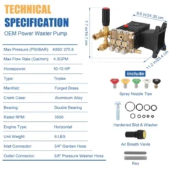 4400 PSI High-Pressure Water Pump, 4 GPM Flow Rate, 1" Shaft Horizontal Plunger Design, Universal Replacement