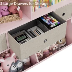 Kids Bookcase With Toy Storage - 4-Cubby Wooden Bookshelf With 3 Drawers & Slanted Toy Bins For Nursery, Playroom (Pink) -Furniture GUEST 0e657754 6e3c 4140 bbb2 3f839a2040ad