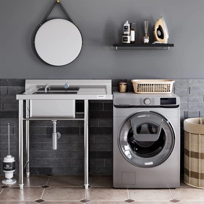 Compartment Stainless Steel Utility Sink With Backsplash, Freestanding Laundry Sink, Cleaning Washing Station For Garage, Kitchen, Backyard 8 Compartment Stainless Steel Utility Sink With Backsplash, Freestanding Laundry Sink, Cleaning Washing Station For Garage, Kitchen, Backyard - Image 6