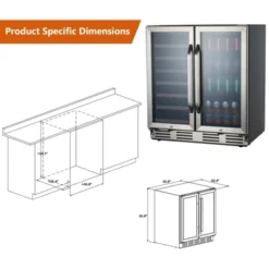 Wine Cooler, Refrigerator - Towallmark 2BC-T 6.24 Cu.Ft Black, 33-Bottle/96-Can Dual Zone With Blue Light, Safety Lock & Removable Wooden Shelves