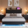 Floating Bed Frame King With LED Lights & USB Charging Station Upholstered Platform Bed With Headboard, Solid Wood Slats Support, No Box Spring -Furniture GUEST 106ef799 f932 4136 878e af96c5d8c4e0
