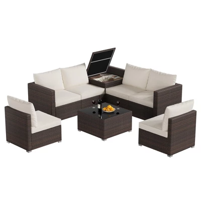 Outdoor Furniture Patio 8-Piece Rattan Sectional Set W/ Storage, 4" Cushions & Tempered Glass Table 7 Outdoor Furniture Patio 8-Piece Rattan Sectional Set W/ Storage, 4" Cushions & Tempered Glass Table - Image 5