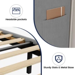Queen Size Bed Frame With Upholstered Headboard,Wooden Platform Bed Frame With 2 Storage Pockets,Vertical Channel Tufted Wingback,Light Gray -Furniture GUEST 12ccc0ac e5c7 43e5 b117 290400b096e8