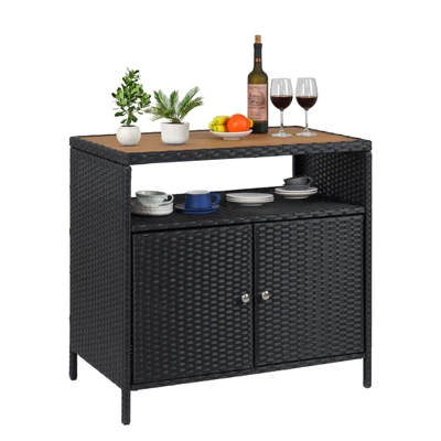 Outdoor Storage Cabinet With Doors - Weatherproof Rattan Patio Storage Box & Bar Table 3 Outdoor Storage Cabinet With Doors - Weatherproof Rattan Patio Storage Box & Bar Table