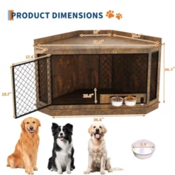 51.3" Corner Dog Crate Furniture With 360¡ã Rotating Feeder, Decorative Dog Crates Dog Cage TV Stand Wooden Dog Kennel End Table