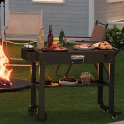 38 X 18 Inch Outdoor Grill Table With Wheels, BBQ Cart For Blackstone Griddle & Weber, Portable Kitchen Prep Station For Camping, Foldable Design