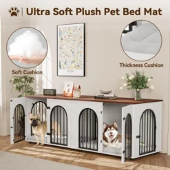 71" Large Dog Crate Furniture For 2 Dogs, Wooden Double Dog Crate With Door, Indoor Dog Kennel TV Stand With Divider And Cushion For Large Medium Dogs