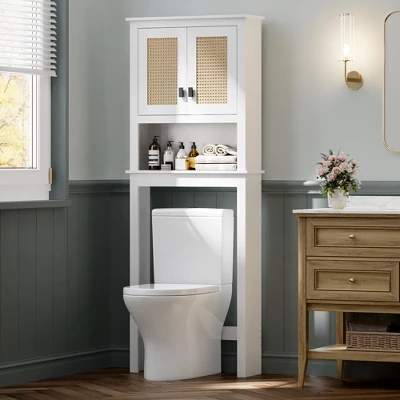 63" Over The Toilet Storage Cabinet,Farmhouse Over Toilet Bathroom Organizer With Rattan Doors,Freestanding Wood Above Toilet Storage Cabinet ,White 9 63" Over The Toilet Storage Cabinet,Farmhouse Over Toilet Bathroom Organizer With Rattan Doors,Freestanding Wood Above Toilet Storage Cabinet ,White - Image 7