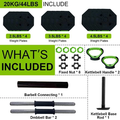 Adjustable Dumbbell Set With Iron Handle, 44lbs Weight Set, Green And Black, Octagon Head 3 Adjustable Dumbbell Set With Iron Handle, 44lbs Weight Set, Green And Black, Octagon Head
