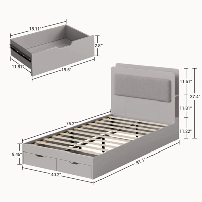 Twin Size Bed Frame, Wooden Platform Bed Frame With 2-Tier Storage Headboard And 2 Drawers, Twin Size Bed Frame With Wooden Slat Support, Light Grey 5 Twin Size Bed Frame, Wooden Platform Bed Frame With 2-Tier Storage Headboard And 2 Drawers, Twin Size Bed Frame With Wooden Slat Support, Light Grey - Image 3