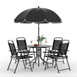 6 Pieces Outdoor Dining Set With Umbrella, Patio Table And 4 Folding Chairs With Umbrella, Garden Patio Furniture Set With Umbrellas, Tempered Glass -Furniture GUEST 204ebd79 b938 4679 9616 a3e686332fc6