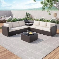 Outdoor Furniture Patio 8-Piece Rattan Sectional Set W/ Storage, 4" Cushions & Tempered Glass Table