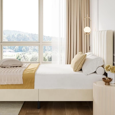 Bed Frame, Upholstered Full Size With Adjustable Headboard - Velvet Tufted Platform Bedframe, No Box Spring Needed, Beige 9 Bed Frame, Upholstered Full Size With Adjustable Headboard - Velvet Tufted Platform Bedframe, No Box Spring Needed, Beige - Image 7