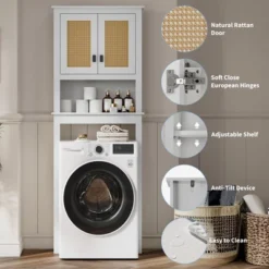 63" Over The Toilet Storage Cabinet,Farmhouse Over Toilet Bathroom Organizer With Rattan Doors,Freestanding Wood Above Toilet Storage Cabinet ,White 11 63" Over The Toilet Storage Cabinet,Farmhouse Over Toilet Bathroom Organizer With Rattan Doors,Freestanding Wood Above Toilet Storage Cabinet ,White -Furniture GUEST 235bc19e 3476 4b9a 8919 0bece1bca1eb