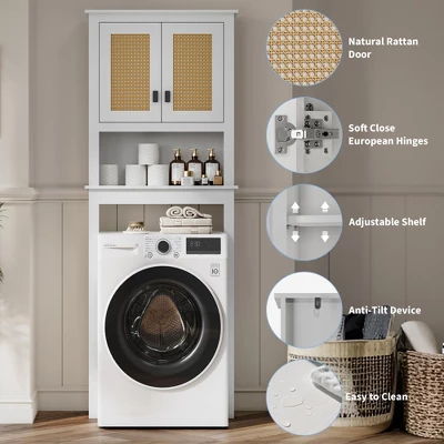 63" Over The Toilet Storage Cabinet,Farmhouse Over Toilet Bathroom Organizer With Rattan Doors,Freestanding Wood Above Toilet Storage Cabinet ,White 5 63" Over The Toilet Storage Cabinet,Farmhouse Over Toilet Bathroom Organizer With Rattan Doors,Freestanding Wood Above Toilet Storage Cabinet ,White - Image 3