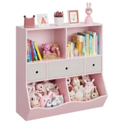 Kids Bookcase With Toy Storage - 4-Cubby Wooden Bookshelf With 3 Drawers & Slanted Toy Bins For Nursery, Playroom (Pink) -Furniture GUEST 239e34b1 4357 4f53 a54c 8afa6b680944