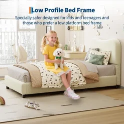 Pink Queen Kids Bed Frame With Upholstered Headboard, Low Profile Sturdy Platform Bed With Soft Boucle Fabric For Girls And Boys,No Box Spring Needed