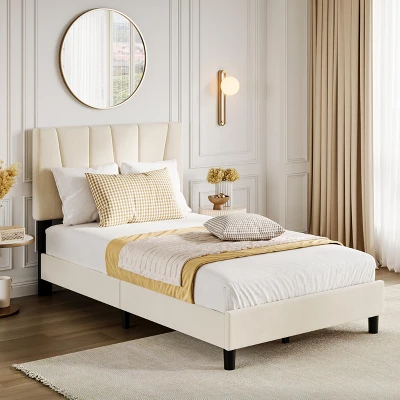 Bed Frame, Upholstered Full Size With Adjustable Headboard - Velvet Tufted Platform Bedframe, No Box Spring Needed, Beige 4 Bed Frame, Upholstered Full Size With Adjustable Headboard - Velvet Tufted Platform Bedframe, No Box Spring Needed, Beige - Image 2