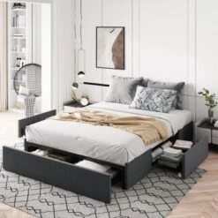Platform Bed Frame With 3 Storage Drawers, Fabric Upholstered, Wooden Slats Support, No Box Spring Needed, Noise Free, Easy Assembly, Dark Grey -Furniture GUEST 25e76703 b9b5 48b8 96ed 2c6aa42ed0a8