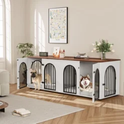 71" Large Dog Crate Furniture For 2 Dogs, Wooden Double Dog Crate With Door, Indoor Dog Kennel TV Stand With Divider And Cushion For Large Medium Dogs -Furniture GUEST 261886fb a312 42ed a03f 7030a307057f
