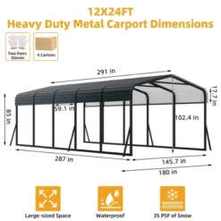 Carport, Metal Carport 12x24 FT - Outdoor Canopy With Reinforced Base & Galvanized Steel Roof, Heavy Duty Shelter For SUV Truck Boats