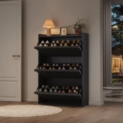 Shoe Cabinet, 3 Flip Drawers - Modern Entryway Shoe Storage Organizer, Narrow Wooden Rack With Adjustable Shelves, Space-Saving, Black -Furniture GUEST 266f547b c9d9 4881 a6c0 c026fed75dc5