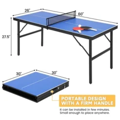 Table Tennis Set, Ping Pong Table Portable - 60x26 Inch With Demountable Net, 2 Paddles, 3 Balls, Waterproof Tabletop For Indoor Outdoor, Blue -Furniture GUEST 273380fa 9667 45e3 86e3 c516194de96b