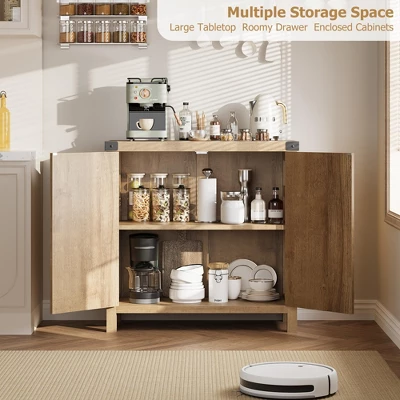 Boho Farmhouse Sideboard With Adjustable Shelves And Handle For Kitchen, Living Room, Natural 6 Boho Farmhouse Sideboard With Adjustable Shelves And Handle For Kitchen, Living Room, Natural - Image 4