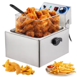 10QT Electric Deep Fryer - Stainless Steel Commercial Single Basket Fryer With Adjustable Thermostat & Splatter Lid