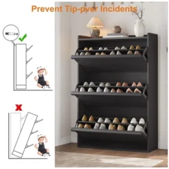 Shoe Cabinet, 3 Flip Drawers - Modern Entryway Shoe Storage Organizer, Narrow Wooden Rack With Adjustable Shelves, Space-Saving, Black -Furniture GUEST 2b5a2df8 e409 4823 98ed c6c1a8e00462