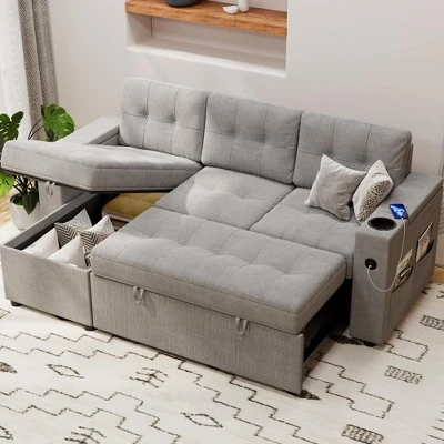 Sofa Bed, 84 Inch Sleeper Sofa With Pull Out Bed And Charging Ports, L Shaped Couches For Living Room With 2 Storage Armrests And 2 Cup Holders 12 Sofa Bed, 84 Inch Sleeper Sofa With Pull Out Bed And Charging Ports, L Shaped Couches For Living Room With 2 Storage Armrests And 2 Cup Holders - Image 10