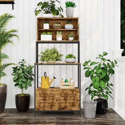 Kitchen 5 Tier Bakers Rack, Standing Coffee Bar Microwave Stand Rack With Power Outlet And Storage Cabinet Shelves, Brown 8 Kitchen 5 Tier Bakers Rack, Standing Coffee Bar Microwave Stand Rack With Power Outlet And Storage Cabinet Shelves, Brown - Image 6