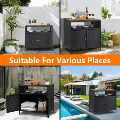 Outdoor Storage Cabinet With Doors - Weatherproof Rattan Patio Storage Box & Bar Table 7 Outdoor Storage Cabinet With Doors - Weatherproof Rattan Patio Storage Box & Bar Table - Image 5