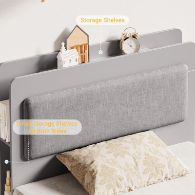 Twin Size Bed Frame, Wooden Platform Bed Frame With 2-Tier Storage Headboard And 2 Drawers, Twin Size Bed Frame With Wooden Slat Support, Light Grey 7 Twin Size Bed Frame, Wooden Platform Bed Frame With 2-Tier Storage Headboard And 2 Drawers, Twin Size Bed Frame With Wooden Slat Support, Light Grey - Image 5