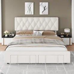 Bed Frame, Upholstered Platform Bed Frame With Storage Drawers, Mattress Foundation With Solid Wooden Slats Support