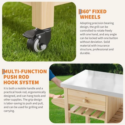 TROPOW Solid Wood Outdoor Grill Cart ¨C Stainless Steel Top Kitchen Island With Lockable Wheels For Patio/Garden (Natural Wood Color) 7 TROPOW Solid Wood Outdoor Grill Cart ¨C Stainless Steel Top Kitchen Island With Lockable Wheels For Patio/Garden (Natural Wood Color) - Image 5