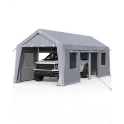 Industrial Carport Shelter - 13x25 Ft Heavy-Duty Steel Frame With PE Cover, 360¡ã Convertible For Vehicles & Events, Silver Gray -Furniture GUEST 35ffd8f5 84fc 4579 9357 a38b471cab6b