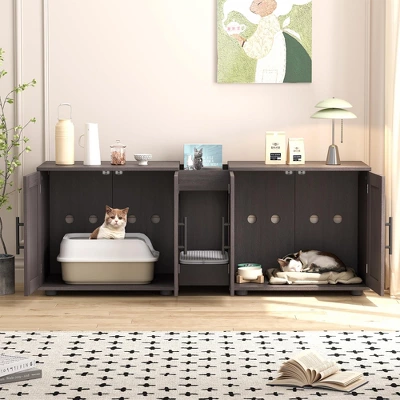 55" Cat Litter Box Enclosure Furniture, 3-in-1 Hidden Litter Cabinet With Barn Doors & Double Rooms For 2 Cats, Wooden Pet Furniture , Brown 3 55" Cat Litter Box Enclosure Furniture, 3-in-1 Hidden Litter Cabinet With Barn Doors & Double Rooms For 2 Cats, Wooden Pet Furniture , Brown