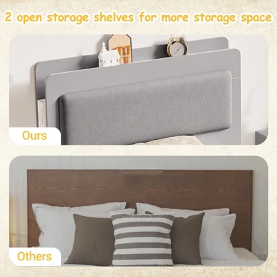 Twin Size Bed Frame, Wooden Platform Bed Frame With 2-Tier Storage Headboard And 2 Drawers, Twin Size Bed Frame With Wooden Slat Support, Light Grey 6 Twin Size Bed Frame, Wooden Platform Bed Frame With 2-Tier Storage Headboard And 2 Drawers, Twin Size Bed Frame With Wooden Slat Support, Light Grey - Image 4