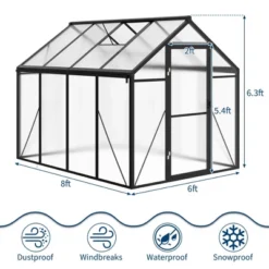 Greenhouse, 6x8 FT Walk-in - Heavy Duty Aluminum Polycarbonate Outdoor Greenhouse With Roof Vent, Sliding Lockable Door, Ground Nails, Black