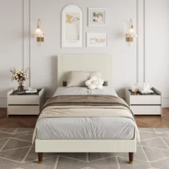 Bed Frame Upholstered Platform Size Bed With Fabric Headboard, Non-Slip And Noise-Free, Wooden/Metal Slats Support